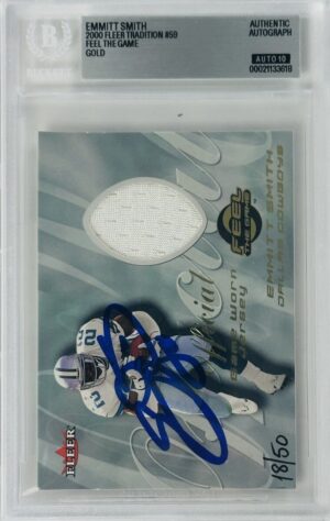 Emmitt Smith Signed 2000 Fleer Tradition Feel the Game Gold /50 – Dallas Cowboys – Autograph – BAS Auto Grade 10