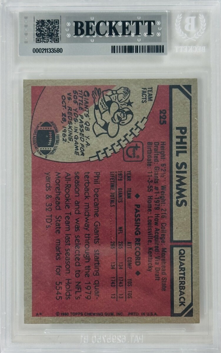 Phil Simms Signed 1980 Topps Rookie RC New York Giants Autograph BAS 10 580 - Image 2