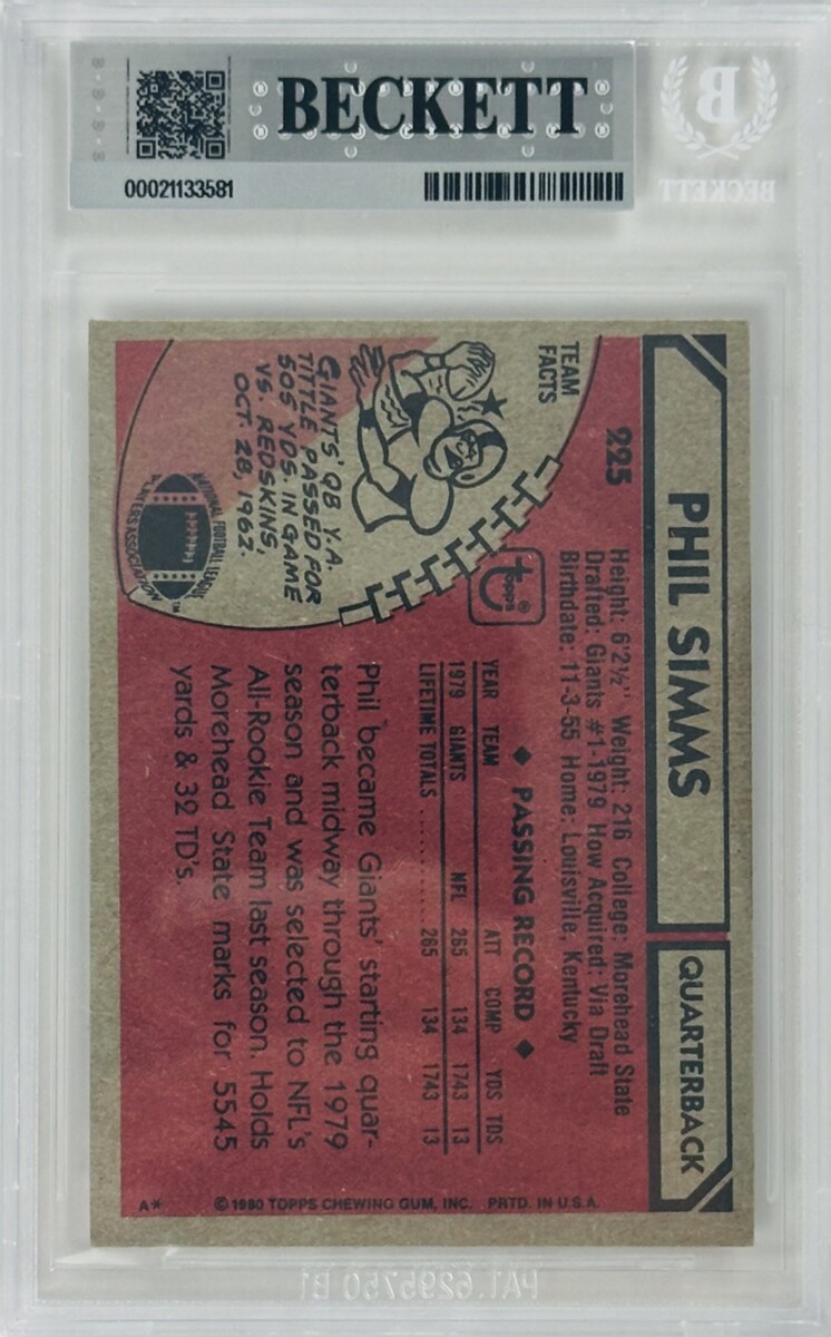 Phil Simms Signed 1980 Topps Rookie RC New York Giants Autograph BAS 10 581 - Image 2