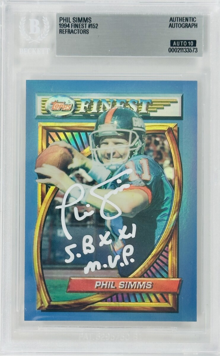 Phil Simms Signed 1994 Topps Finest Refractor – “Super Bowl XXI MVP” Inscription – New York Giants – Autograph – BAS Auto Grade 10