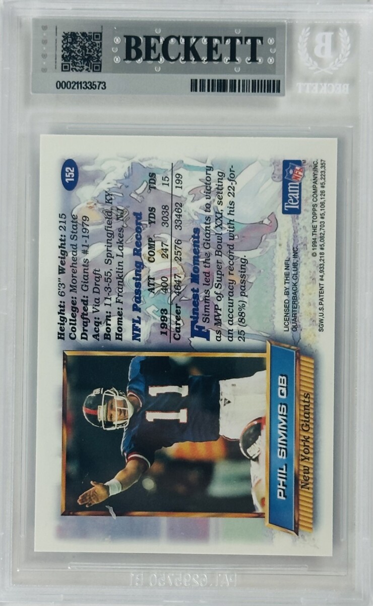 Phil Simms Signed 1994 Topps Finest Refractor W/ Inscription Giants BAS 10 - Image 2