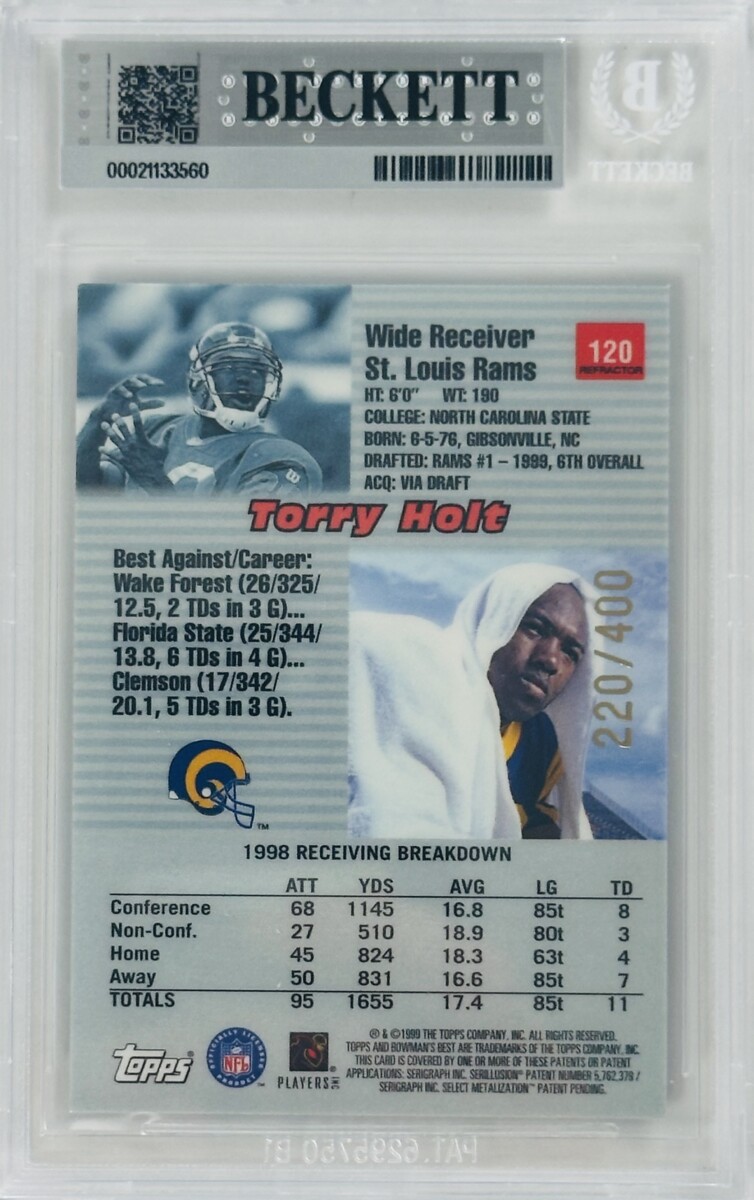 Torry Holt Signed 1999 Bowmans Best Refractor /400 Autograph Rams BAS Auto 10 - Image 2