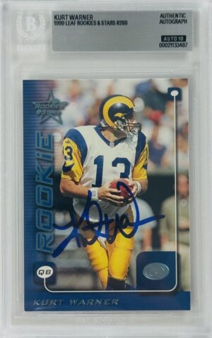Kurt Warner Signed 1999 Leaf Rookies & Stars Rookie Card RC – St. Louis Rams – Autograph – BAS Auto Grade 10
