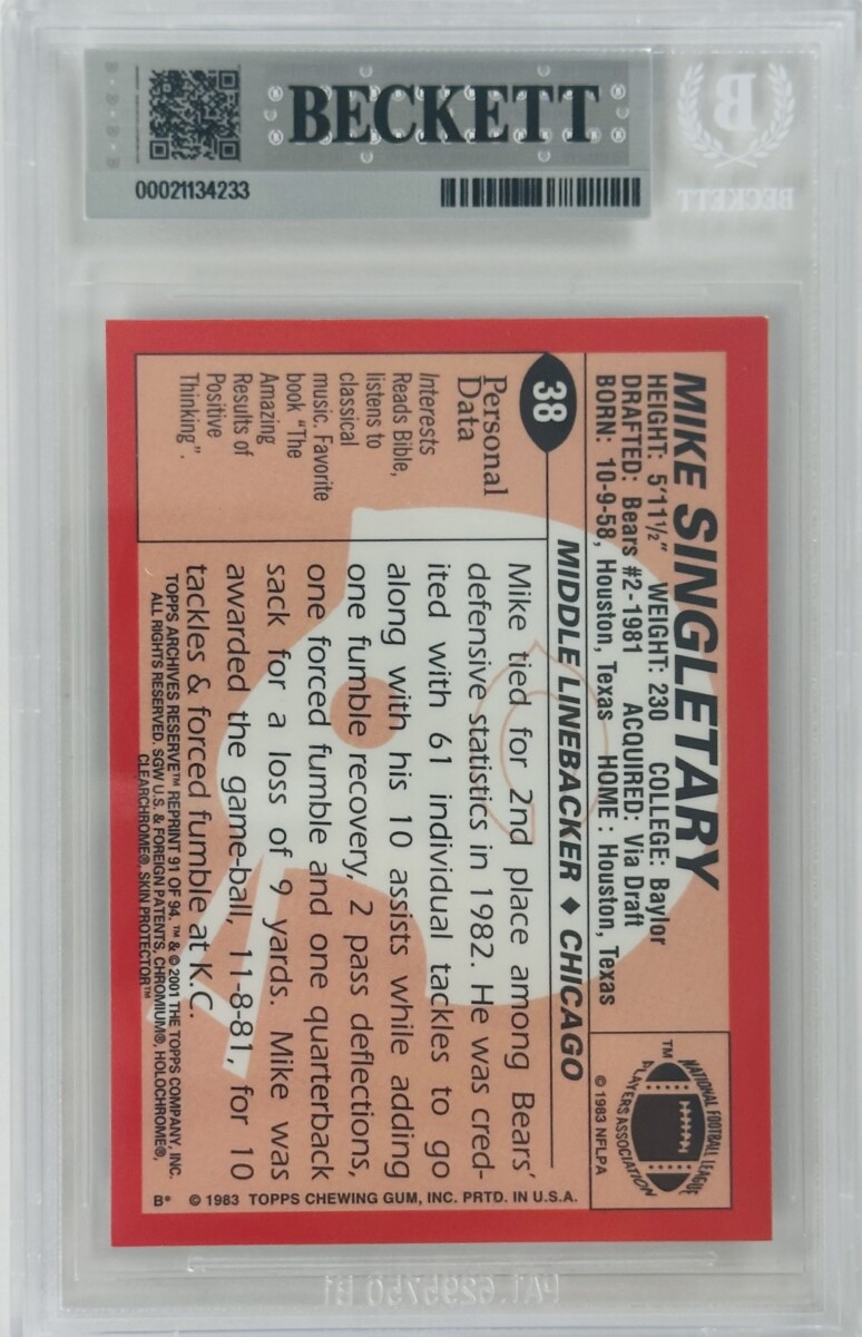 Mike Singletary Signed 2001 Topps Archives Reserve Refractor 1983 Topps BAS 233 - Image 2