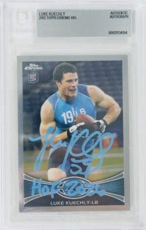 2012 Topps Chrome, BAS authenticated, BAS slab, Beckett slabbed, Carolina Panthers memorabilia, football card autograph, Kuechly rookie card, Luke Kuechly autograph, Luke Kuechly RC, Luke Kuechly signed, NFL rookie card, Panthers autograph, Pro Football Hall of Fame, signed rookie card, Topps Chrome rookie