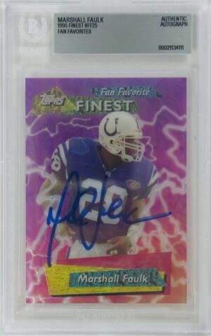 1995 Topps Finest, 90s chrome card, BAS authenticated, BAS slab, Beckett slabbed, Finest Fan Favorites, football card autograph, Indianapolis Colts memorabilia, Marshall Faulk autograph, Marshall Faulk card, Marshall Faulk signed, Pro Football Hall of Fame, signed football card, St Louis Rams memorabilia, Topps Finest