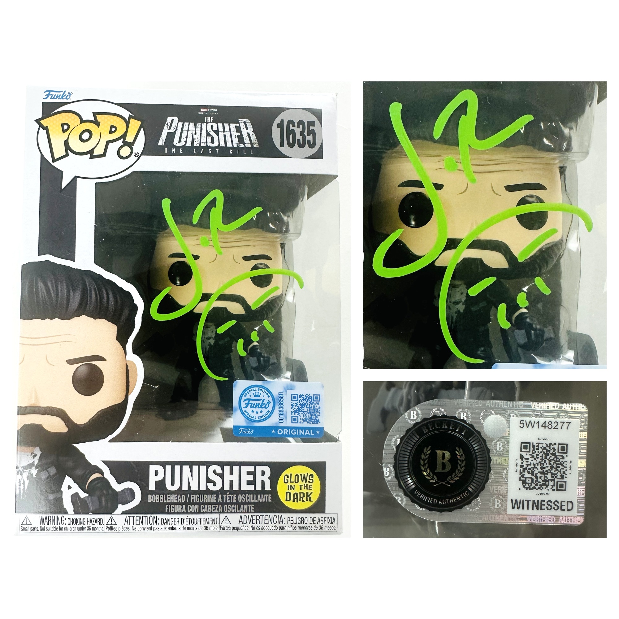 Jon Bernthal autograph, Jon Bernthal signed, The Punisher Funko Pop, Punisher glow in the dark Funko, Funko Pop 1635, Frank Castle autograph, signed Funko Pop, BAS authenticated, autographed Funko, Marvel memorabilia, Punisher autograph, The Punisher One Last Kill, Marvel collectible, Funko Pop autograph, pop culture memorabilia
