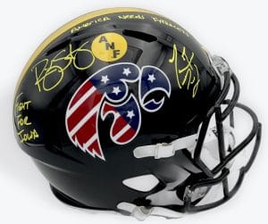 Ricky Stanzi, Marvin McNutt, Ricky Stanzi autograph, Marvin McNutt autograph, Iowa Hawkeyes football, Iowa ANF helmet, America Needs Farmers, Fight for Iowa, Iowa full size helmet, Hawkeyes football memorabilia, dual signed helmet, signed football helmet, Big Ten football memorabilia, Iowa memorabilia, Hawkeyes helmet autograph