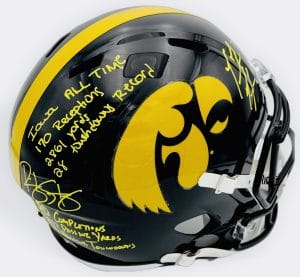 Ricky Stanzi, Marvin McNutt, Stanzi McNutt signed helmet, Iowa Hawkeyes, Iowa Hawkeyes football, Iowa signed helmet, Hawkeyes memorabilia, Iowa football collectible, Dual signed helmet, Signed full size helmet, College football signed helmet, NCAA football memorabilia, Stat inscription helmet, Dual stat helmet, Big Ten football memorabilia