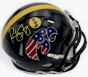 Ricky Stanzi, Ricky Stanzi autograph, Ricky Stanzi signed helmet, Iowa Hawkeyes, Iowa Hawkeyes football, Iowa mini helmet, Iowa signed mini helmet, Hawkeyes memorabilia, Iowa football collectible, Signed mini helmet, College football mini helmet, NCAA football memorabilia, Stars and Stripes helmet, America Needs Farmers, ANF helmet