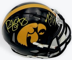 Ricky Stanzi, Marvin McNutt, Stanzi McNutt signed helmet, Iowa Hawkeyes, Iowa Hawkeyes football, Iowa mini helmet, Iowa signed mini helmet, Hawkeyes memorabilia, Iowa football collectible, Dual signed helmet, Signed mini helmet, College football mini helmet, NCAA football memorabilia, Big Ten football memorabilia, Iowa quarterback receiver duo
