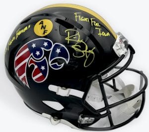 Ricky Stanzi autograph, Ricky Stanzi signed, Iowa Hawkeyes helmet, ANF helmet Iowa, America Needs Farmers helmet, Iowa Hawkeyes signed helmet, full size helmet signed, replica helmet autograph, Iowa football memorabilia, Big Ten football collectible, college football memorabilia, Hawkeyes collectible, signed football helmet, Iowa quarterback autograph, dual inscription autograph