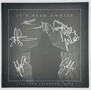 Staind autograph, Staind signed vinyl, Aaron Lewis autograph, Aaron Lewis signed, Mike Mushok autograph, Johnny April autograph, Sal Giancarelli autograph, It's Been Awhile vinyl, Staind collectible, signed vinyl record, rock music memorabilia, alternative rock autograph, post grunge collectible, full band signed vinyl, music memorabilia collectible