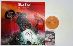 Meat Loaf autograph, Meat Loaf signed, Bat Out of Hell album, Meat Loaf vinyl signed, signed vinyl record, rock music memorabilia, classic rock autograph, 1970s rock collectible, music memorabilia collectible, signed record album, vinyl record autograph, Meat Loaf collectible, Bat Out of Hell collectible, rock album signed