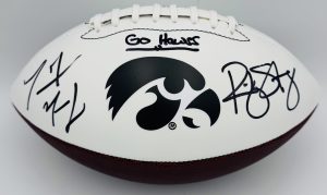 Ricky Stanzi autograph, Marvin McNutt autograph, Ricky Stanzi signed, Marvin McNutt signed, Iowa Hawkeyes football, Iowa Hawkeyes signed football, white panel football, Hawkeyes logo football, dual signed football, official size football signed, Iowa football memorabilia, Big Ten football collectible, college football memorabilia, Hawkeyes collectible, signed sports football