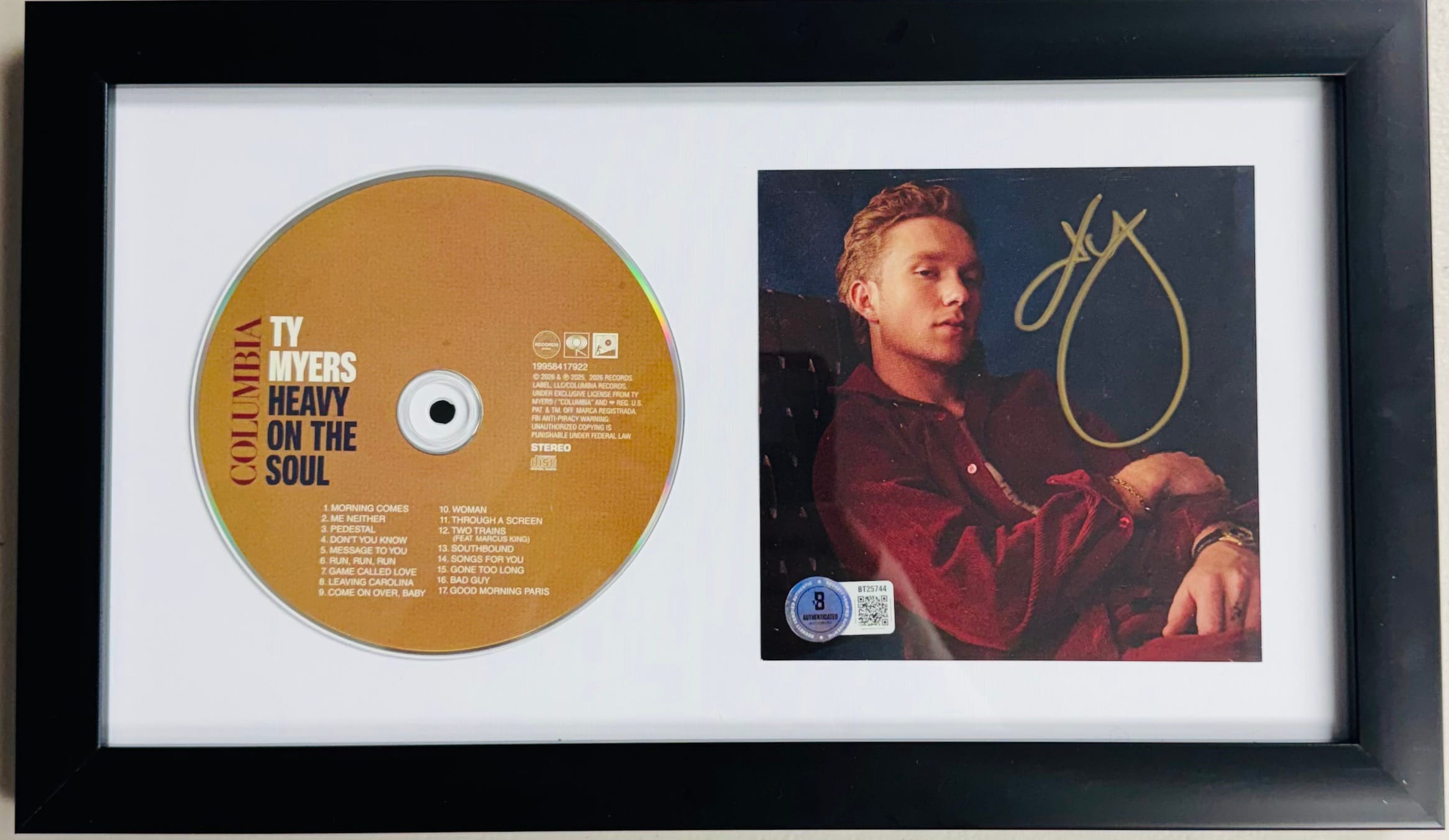 Ty Myers autograph, Ty Myers signed, Heavy On The Soul, Fame Studios Sessions, Ty Myers framed CD, signed CD display, country music autograph, country music memorabilia, framed music collectible, signed music display, country artist collectible, music memorabilia collectible, Beckett authenticated, BAS certified autograph, signed country memorabilia, Ty Myers collectible, framed autograph display, country music fan collectible, signed CD artwork, music room display
