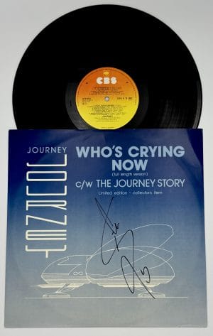 Steve Perry autograph, Steve Perry signed, Journey band autograph, Journey vinyl signed, Who’s Crying Now vinyl, Journey collectible, signed vinyl record, rock music memorabilia, classic rock autograph, limited edition vinyl, music memorabilia collectible, Journey fan collectible, Steve Perry collectible, signed record album, vinyl record autograph