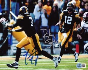Ricky Stanzi, Marvin McNutt, Stanzi McNutt autograph, Iowa Hawkeyes, Iowa Hawkeyes football, Iowa signed photo, Hawkeyes memorabilia, Iowa football collectible, Signed 8x10 photo, College football signed photo, NCAA football memorabilia, Dual signed photo, Big Ten football memorabilia, Iowa quarterback receiver duo, Hawkeyes signed photo