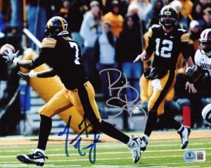 Ricky Stanzi, Marvin McNutt, Stanzi McNutt autograph, Iowa Hawkeyes, Iowa Hawkeyes football, Iowa signed photo, Hawkeyes memorabilia, Iowa football collectible, Signed 8x10 photo, College football signed photo, NCAA football memorabilia, Dual signed photo, Big Ten football memorabilia, Iowa quarterback receiver duo, Hawkeyes signed photo
