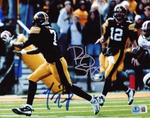Ricky Stanzi, Marvin McNutt, Stanzi McNutt autograph, Iowa Hawkeyes, Iowa Hawkeyes football, Iowa signed photo, Hawkeyes memorabilia, Iowa football collectible, Signed 8x10 photo, College football signed photo, NCAA football memorabilia, Dual signed photo, Big Ten football memorabilia, Iowa quarterback receiver duo, Hawkeyes signed photo