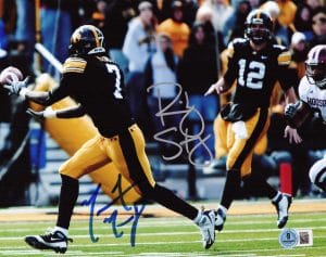 Ricky Stanzi, Marvin McNutt, Stanzi McNutt autograph, Iowa Hawkeyes, Iowa Hawkeyes football, Iowa signed photo, Hawkeyes memorabilia, Iowa football collectible, Signed 8x10 photo, College football signed photo, NCAA football memorabilia, Dual signed photo, Big Ten football memorabilia, Iowa quarterback receiver duo, Hawkeyes signed photo