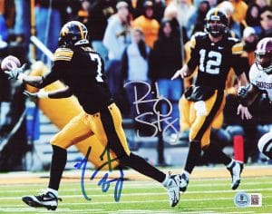 Ricky Stanzi, Marvin McNutt, Stanzi McNutt autograph, Iowa Hawkeyes, Iowa Hawkeyes football, Iowa signed photo, Hawkeyes memorabilia, Iowa football collectible, Signed 8x10 photo, College football signed photo, NCAA football memorabilia, Dual signed photo, Big Ten football memorabilia, Iowa quarterback receiver duo, Hawkeyes signed photo