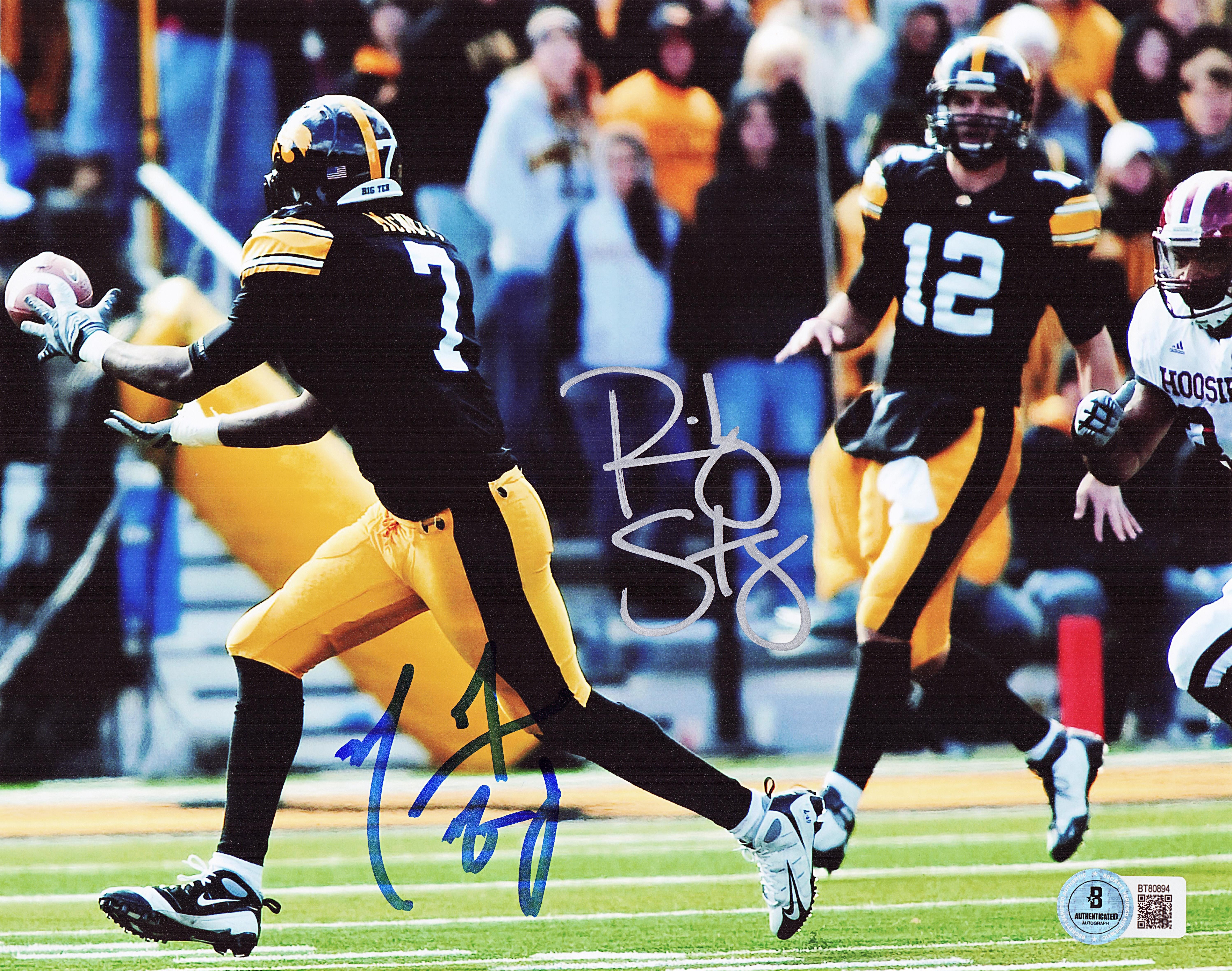 Ricky Stanzi, Marvin McNutt, Stanzi McNutt autograph, Iowa Hawkeyes, Iowa Hawkeyes football, Iowa signed photo, Hawkeyes memorabilia, Iowa football collectible, Signed 8x10 photo, College football signed photo, NCAA football memorabilia, Dual signed photo, Big Ten football memorabilia, Iowa quarterback receiver duo, Hawkeyes signed photo