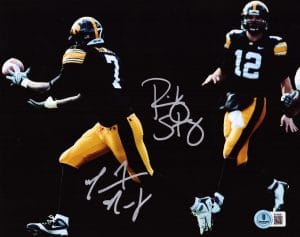 Ricky Stanzi, Marvin McNutt, Stanzi McNutt autograph, Iowa Hawkeyes, Iowa Hawkeyes football, Iowa signed photo, Hawkeyes memorabilia, Iowa football collectible, Signed 8x10 photo, College football signed photo, NCAA football memorabilia, Dual signed photo, Big Ten football memorabilia, Iowa quarterback receiver duo, Hawkeyes signed photo