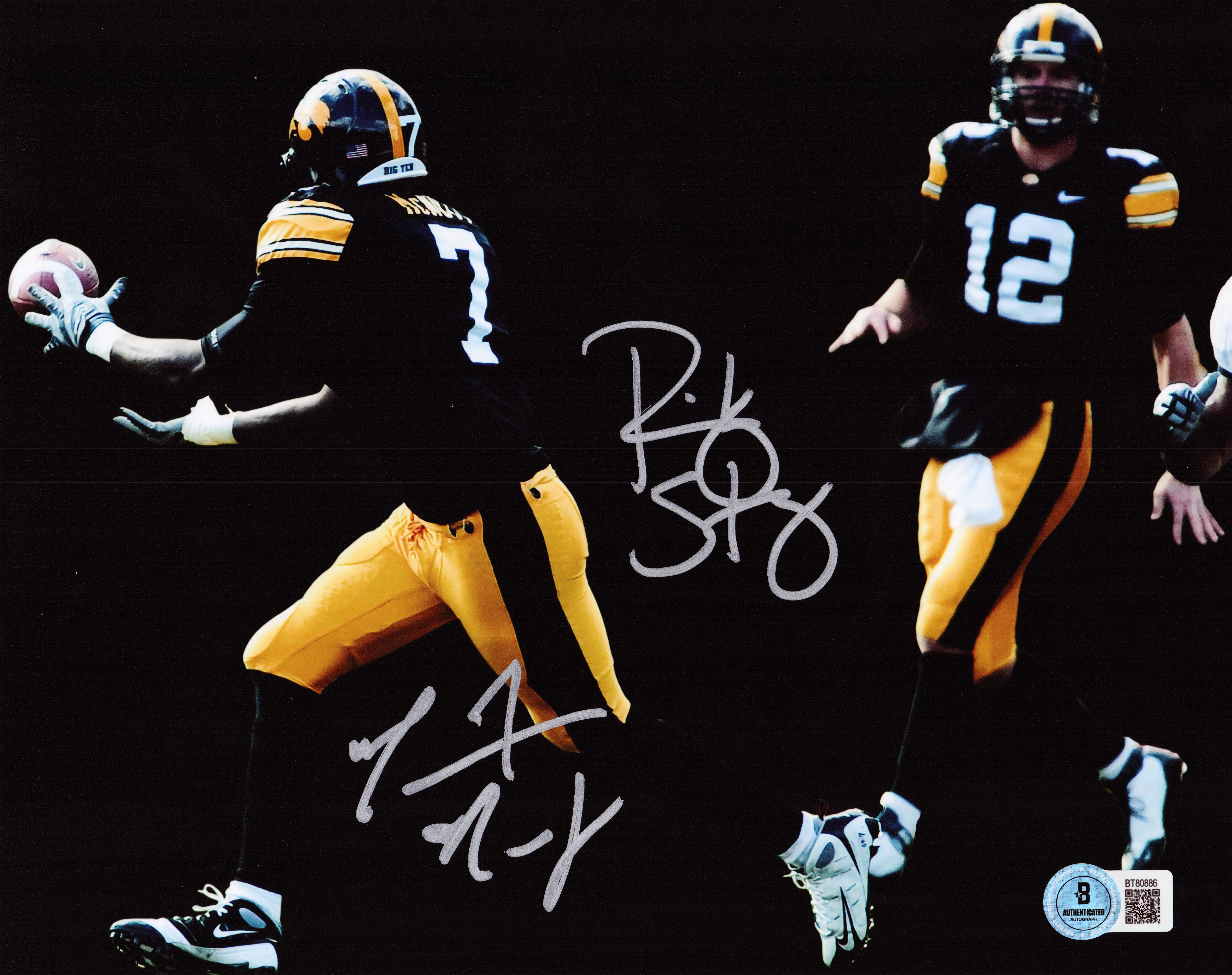 Ricky Stanzi, Marvin McNutt, Stanzi McNutt autograph, Iowa Hawkeyes, Iowa Hawkeyes football, Iowa signed photo, Hawkeyes memorabilia, Iowa football collectible, Signed 8x10 photo, College football signed photo, NCAA football memorabilia, Dual signed photo, Big Ten football memorabilia, Iowa quarterback receiver duo, Hawkeyes signed photo