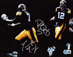 Ricky Stanzi, Marvin McNutt, Stanzi McNutt autograph, Iowa Hawkeyes, Iowa Hawkeyes football, Iowa signed photo, Hawkeyes memorabilia, Iowa football collectible, Signed 8x10 photo, College football signed photo, NCAA football memorabilia, Dual signed photo, Big Ten football memorabilia, Iowa quarterback receiver duo, Hawkeyes signed photo