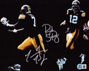 Ricky Stanzi, Marvin McNutt, Stanzi McNutt autograph, Iowa Hawkeyes, Iowa Hawkeyes football, Iowa signed photo, Hawkeyes memorabilia, Iowa football collectible, Signed 8x10 photo, College football signed photo, NCAA football memorabilia, Dual signed photo, Big Ten football memorabilia, Iowa quarterback receiver duo, Hawkeyes signed photo