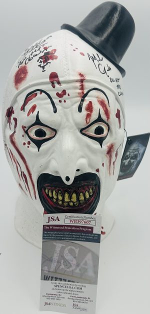David Howard Thornton autograph, Mike Giannelli autograph, Art the Clown mask, Terrifier signed mask, Trick or Treat Studios mask, dual signed horror item, horror mask collectible, Terrifier memorabilia, BAS certified autograph, Art the Clown collectible, signed horror prop, slasher mask collectible, modern horror collectible, dual autograph collectible, Terrifier fan item