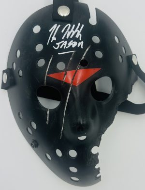 Kane Hodder autograph, Savini Jason mask, Jason Voorhees signed, Friday the 13th mask, horror mask collectible, Tom Savini design, signed horror prop, BAS certified autograph, Jason Voorhees collectible, slasher mask collectible, horror memorabilia, Kane Hodder signed item, Friday the 13th merch, modern Jason mask, horror collector item
