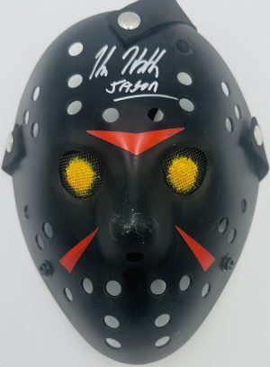 Kane Hodder autograph, Hellfire Jason mask, Savini Jason signed, Jason Voorhees mask, Friday the 13th collectible, horror mask collectible, Tom Savini design, signed horror prop, BAS certified autograph, Jason Voorhees collectible, slasher mask collectible, horror memorabilia, Kane Hodder signed item, Friday the 13th merch, horror collector item