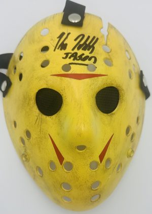 Kane Hodder autograph, Jason Takes Manhattan mask, Friday the 13th Part 8 mask, Jason Voorhees signed, horror mask collectible, slasher mask collectible, signed horror prop, BAS certified autograph, Jason Voorhees collectible, Kane Hodder signed item, Friday the 13th merch, horror memorabilia, Part 8 Jason mask, classic horror collectible, horror collector item