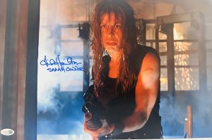 Linda Hamilton autograph, Sarah Connor signed photo, Terminator autograph, Terminator 11x17 photo, sci fi movie memorabilia, signed 11x17 photo, Sarah Connor collectible, JSA certified autograph, action movie collectible, Terminator franchise merch, female action hero, Linda Hamilton signed, sci fi collector item, movie poster signed, Terminator fan item