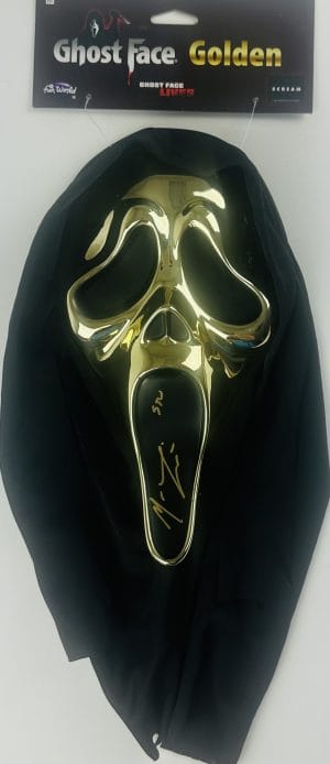 Matthew Lillard autograph, Matthew Lillard signed, Stu Macher autograph, Ghostface mask signed, gold chrome Ghostface mask, Scream movie memorabilia, Scream autograph collectible, horror movie autograph, signed Ghostface mask, slasher film collectible, Scream 1996 collectible, horror memorabilia collectible, Ghostface collectible, Scream fan collectible, horror movie collectible