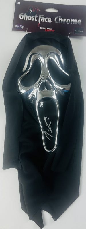 Chrome Ghostface mask, Ghostface collectible, Ghostface mask signed, horror memorabilia collectible, horror movie autograph, horror movie collectible, Matthew Lillard autograph, Matthew Lillard signed, Scream 1996 collectible, Scream autograph collectible, Scream fan collectible, Scream movie memorabilia, signed Ghostface mask, slasher film collectible, Stu Macher autograph